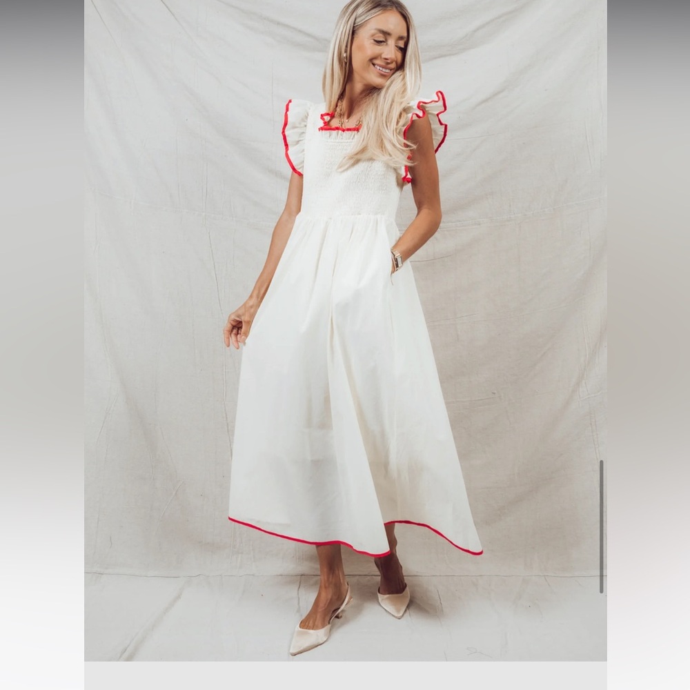 Elegant White Midi Dress with Red Trim Piper & Scoot Midgley - Picture 6 of 7